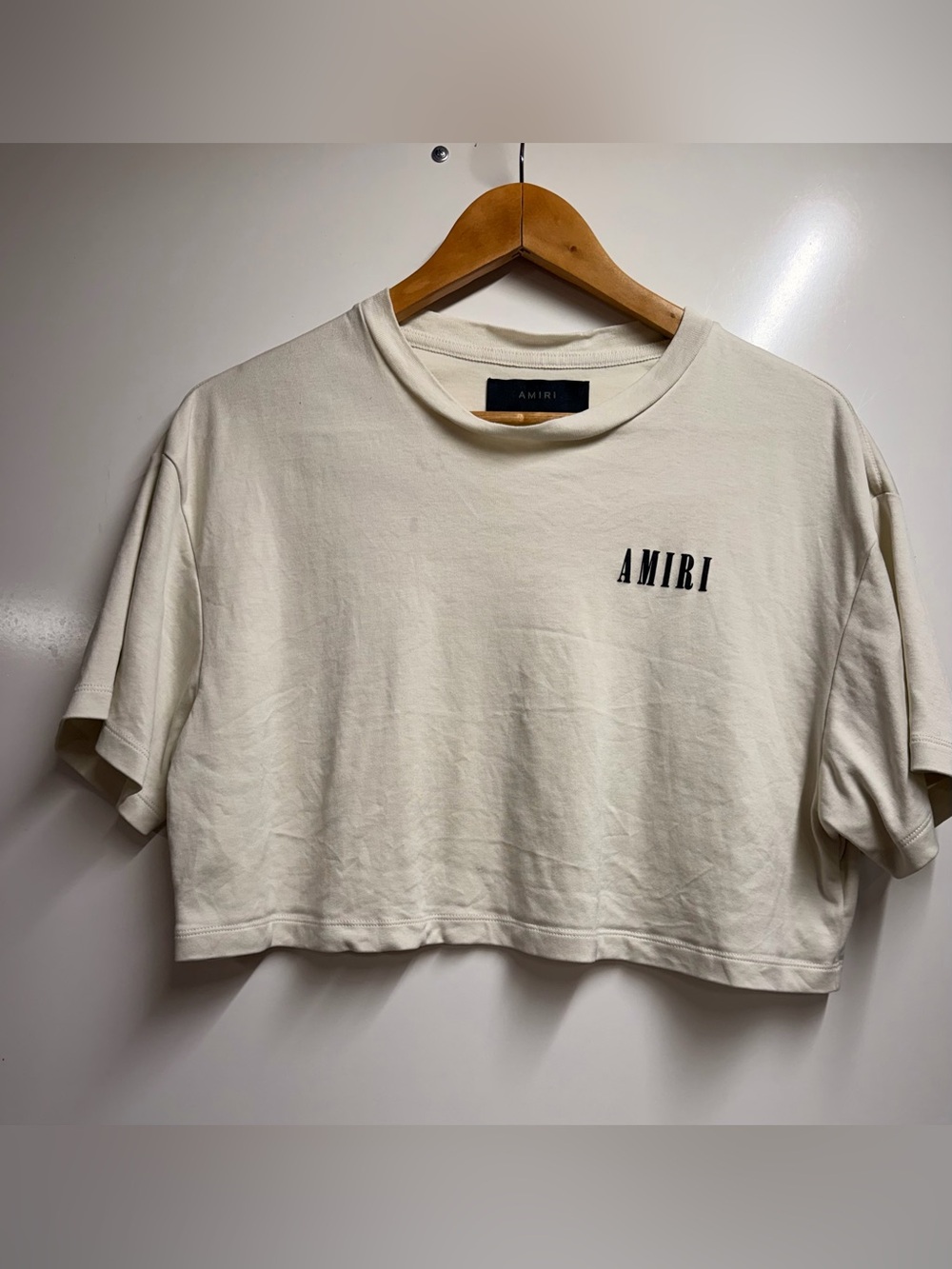 Amiri cropped core logo cotton t-shirt 100% cotton alabaster beige size 6 UK10
